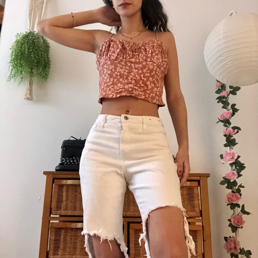Ditsy Floral Shirred Crop Top with Ruched Details